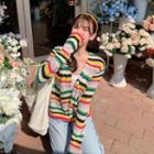 V Neck Striped Knit Long-sleeve Cardigan As Shown In Figure - One Size