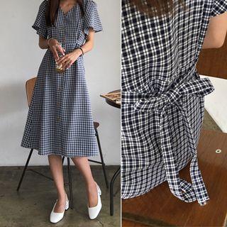 Bell-sleeve Plaid Midi Shirtdress