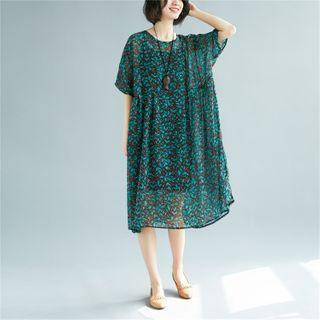 Slipdress / Printed Elbow-sleeve Midi Shift Dress / Set