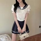 Short-sleeve Sailor Collar Lace Trim Blouse / Mini Skirt / Set