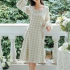 Plaid Puff-sleeve Lace-up A-line Dress