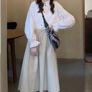 Lantern-sleeve Stand-collar Long-sleeve White Shirt + High-waist A-line Semi-body Midi Skirt