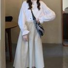 Lantern-sleeve Stand-collar Long-sleeve White Shirt + High-waist A-line Semi-body Midi Skirt