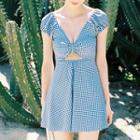 Set: Short-sleeve Plaid Swim Dress + Bottom