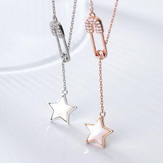 925 Sterling Silver Rhinestone Safety Pin Shell Star Pendant Necklace