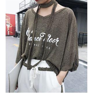 Set: Elbow-sleeve Lettering T-shirt + Sweatpants