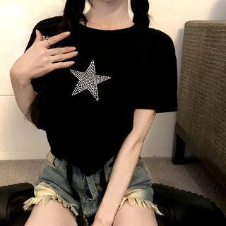 Short-sleeve Star Rhinestone Crop Top