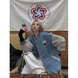 Plane Embroidered Denim Bomber Jacket