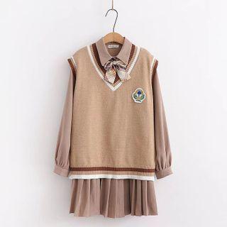 Set: V-neck Sweater Vest + Pleated Mini A-line Shirtdress