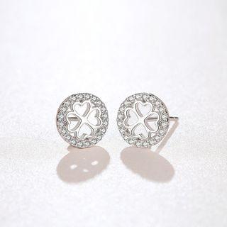 925 Sterling Silver Rhinestone Clover Earring 1 Pair - Clover Earring - One Size
