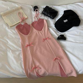 Spaghetti-strap Two-tone Bow Mini A-line Dress