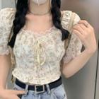 Short-sleeve Lace Floral Print Blouse As Figure - One Size