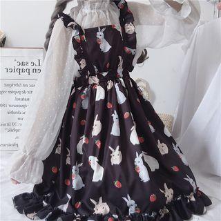 Mock Neck Dotted Blouse / Sleeveless Rabbit Print A-line Lolita Dress