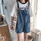 Frayed Hem Ripped Wide-leg Denim Dungaree Shorts