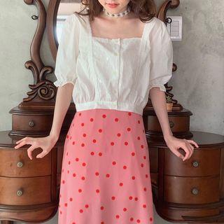 Square-neck Chiffon Blouse / Dotted Midi A-line Skirt