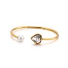 Fashion And Simple Plated Gold Heart-shaped White Cubic Zirconia Imitation Pearl 316l Stainless Steel Bangle Golden - One Size