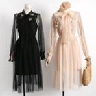 Set: Bow Accent Long Sleeve Mesh Dress + Slipdress