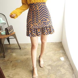 Ruffle-hem Geometric Pattern Mini Skirt