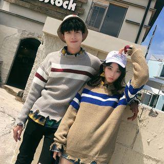 Couple Matching Contrast Stripe Distressed Sweater