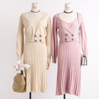 Set: Sleeveless Pleated Dress + Double-breasted Knit Cardigan