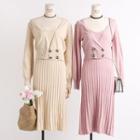 Set: Sleeveless Pleated Dress + Double-breasted Knit Cardigan