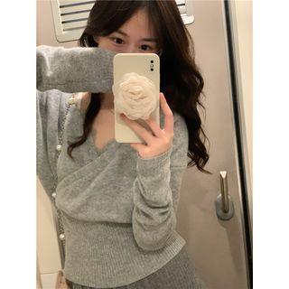 V-neck Lace Trim Sweater Gray - One Size