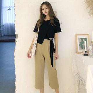 Short-sleeve Side-tie T-shirt / Cropped Wide-leg Pants