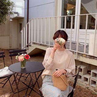 Round-neck Textured-sleeve Top