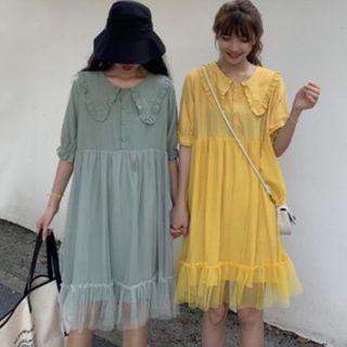 Collared Elbow-sleeve Ruffle Hem A-line Dress
