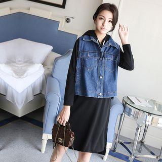 Set: Plain Hoodie Dress + Denim Vest