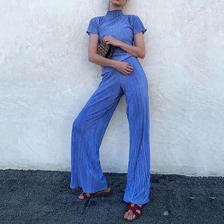 Mock-neck T-shirt + Wide Pants