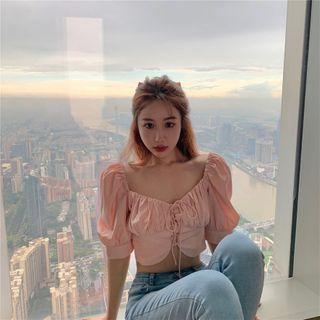 Puff-sleeve Cropped V-neck Top