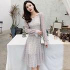 Set: Dotted Mesh Long-sleeve A-line Dress + Slipdress