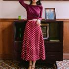 Set: Long-sleeve Knot-detail Cropped T-shirt + Midi A-line Dotted Skirt
