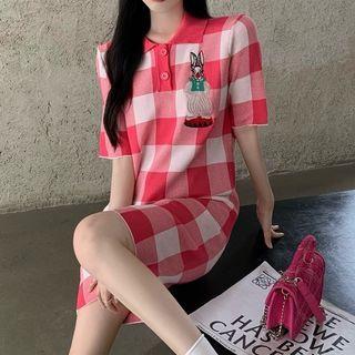 Short-sleeve Embroidered Gingham Polo Knit Dress Gingham - Pink & White - One Size