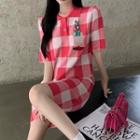 Short-sleeve Embroidered Gingham Polo Knit Dress Gingham - Pink & White - One Size