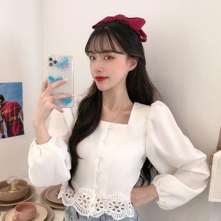 Long-sleeve Square-neck Lace Trim Blouse