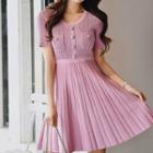 Buttoned Short-sleeve Knit A-line Dress