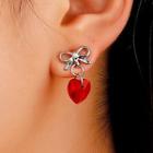 Bow Alloy Heart Rhinestone Dangle Earring 01# - 1 Pair - Red Heart - Silver - One Size
