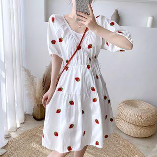 Balloon-sleeve Strawberry Embroidered A-line Dress