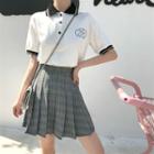 Color-block Short-sleeve Polo-shirt / Check High-waist Pleated Skirt