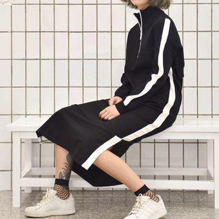Contrast Trim Half Zip Midi Pullover Dress