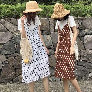 Set: Short Sleeve Plain Tee + Polka Dot Dress