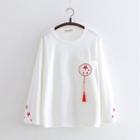 Long-sleeve Embroidered Tasseled T-shirt