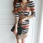 Set: Striped Cardigan + Knit Skirt Khaki - One Size