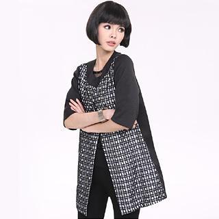 Elbow-sleeve Lace Panel Long Cardigan