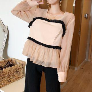 Long-sleeve Mesh Panel Top / Wide-leg Pants