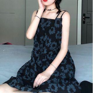 Spaghetti-strap Floral Print A-line Dress Floral - Black - One Size