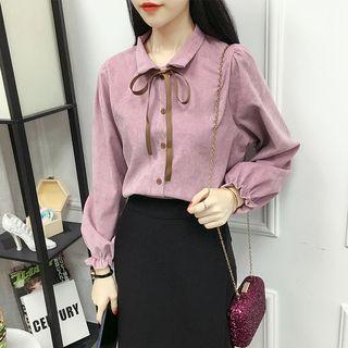 Tie-neck Corduroy Plain Blouse