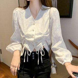 Balloon-sleeve Drawstring-cuff Button-up Blouse